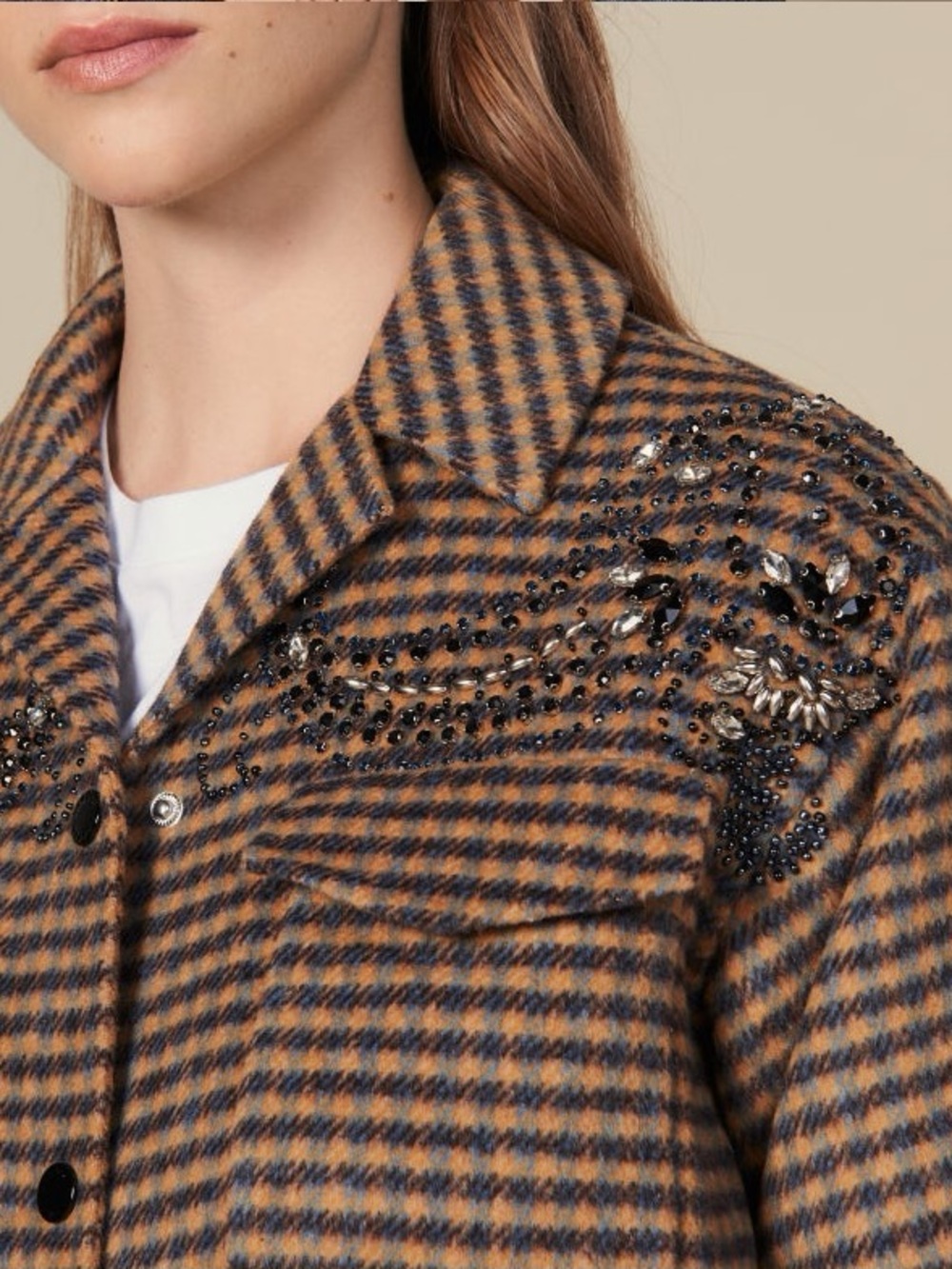 Sandro Paris Embellished Checked Wool-Blend "Brodan" Overshirt Jacket